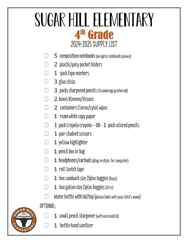 4th Grade Supply List